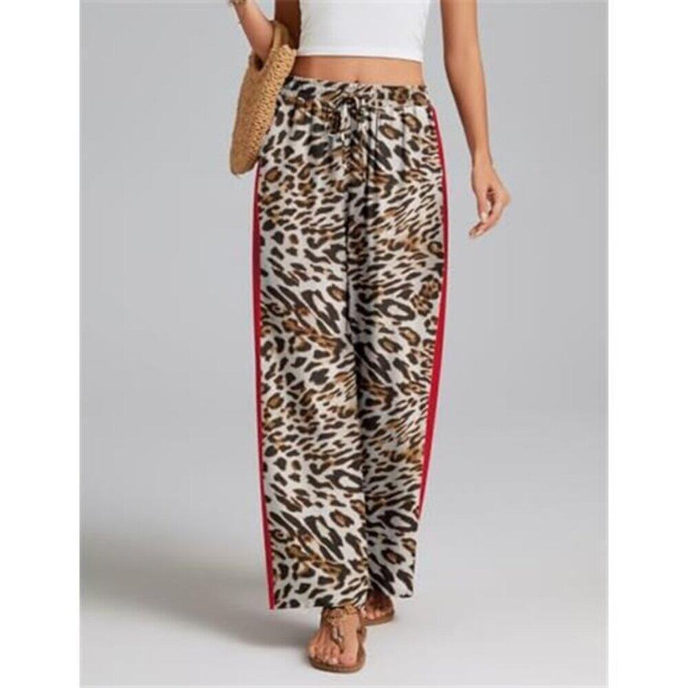 Women's Leopard Wide Leg Pants Casual Side Striped High Waisted Palazzo